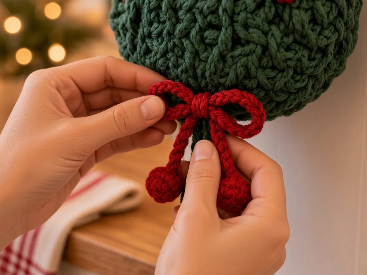 A hand tying the red bow at the bottom of the green crochet tree, with two red berries hanging below.