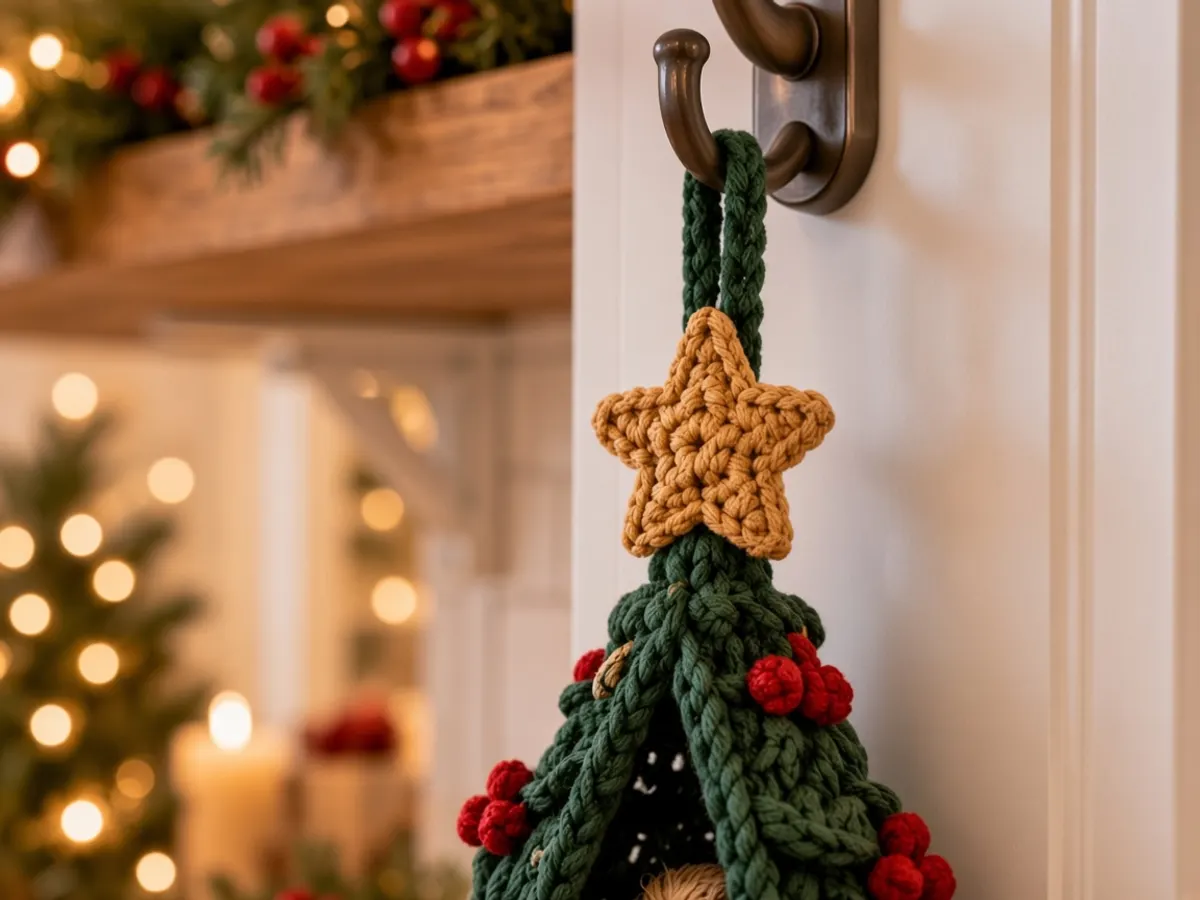 The green hanging loop above the gold star on the same crochet tree.