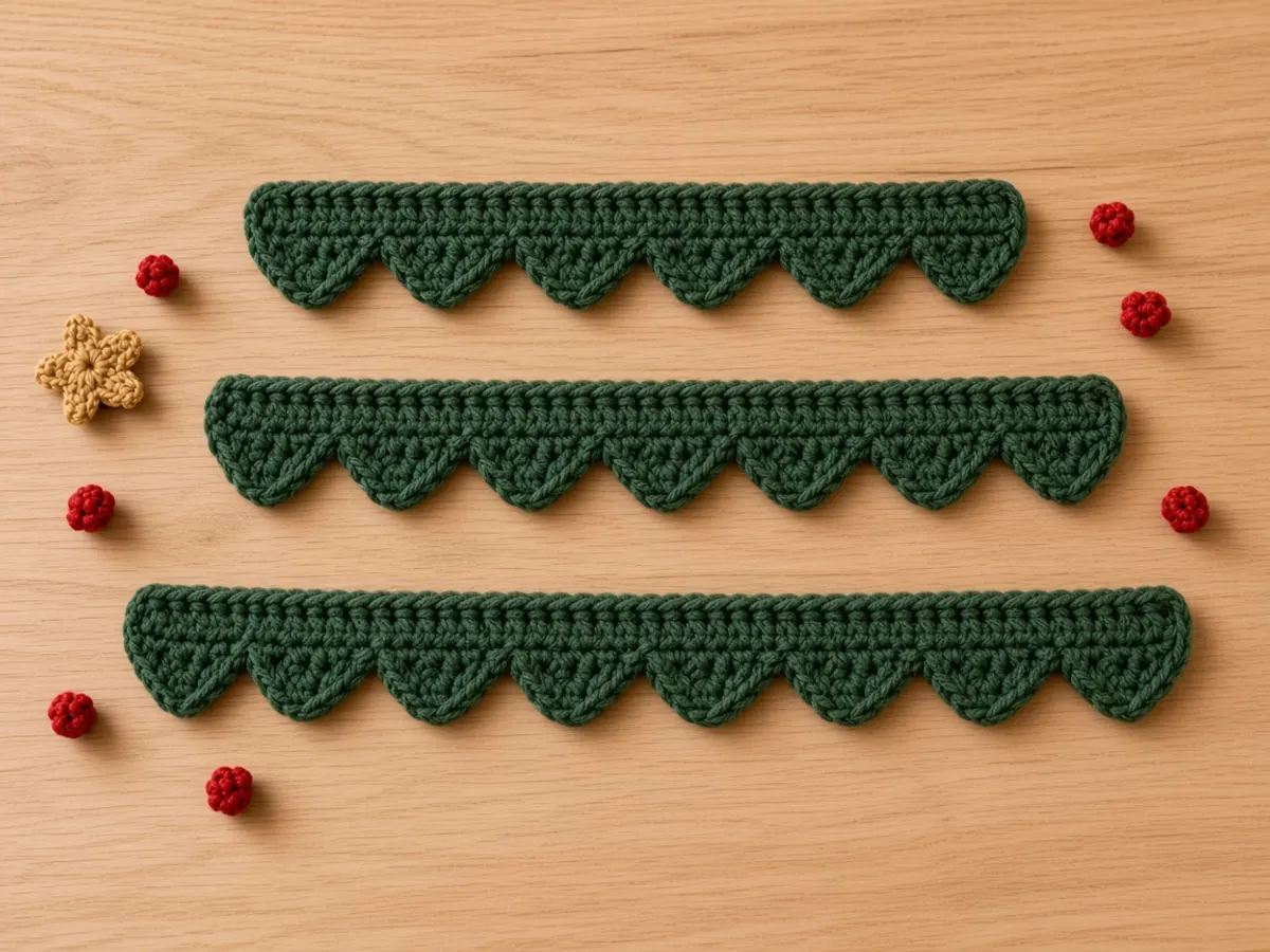 Three flat green crochet strips with scalloped edges, shortest to longest.