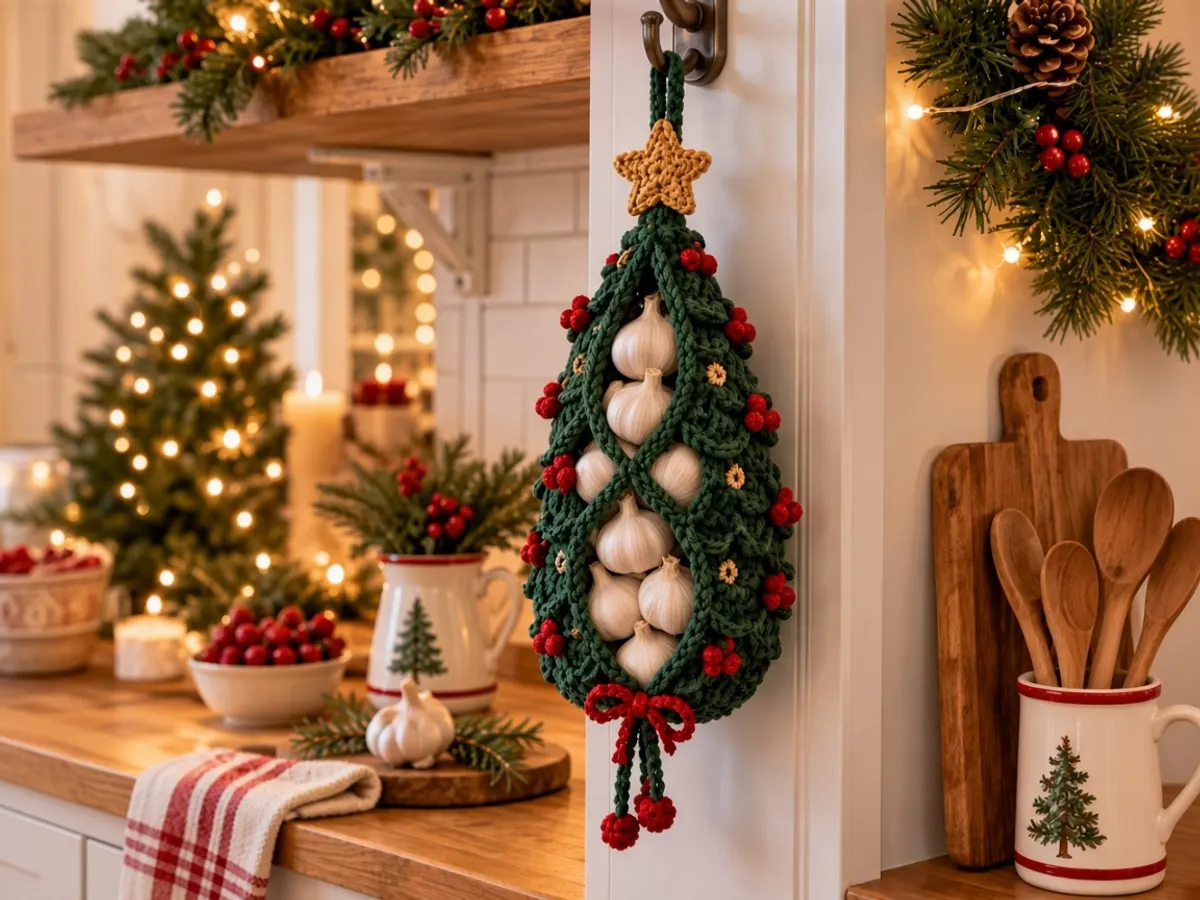 The finished green crochet tree hanging, garlic visible in the front opening, gold star on top and red bow below.
