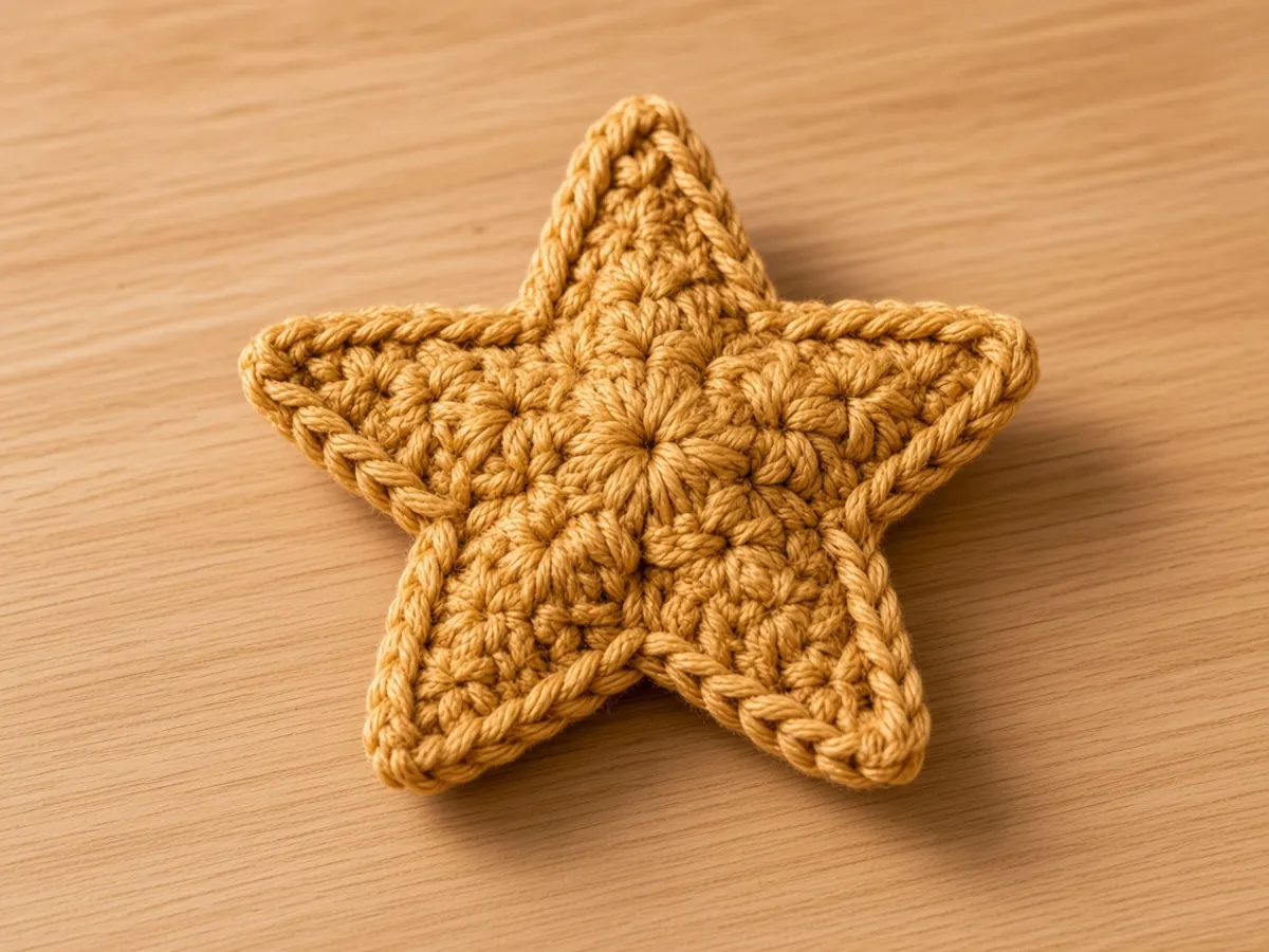 A small flat five-point gold crochet star on an oak surface.
