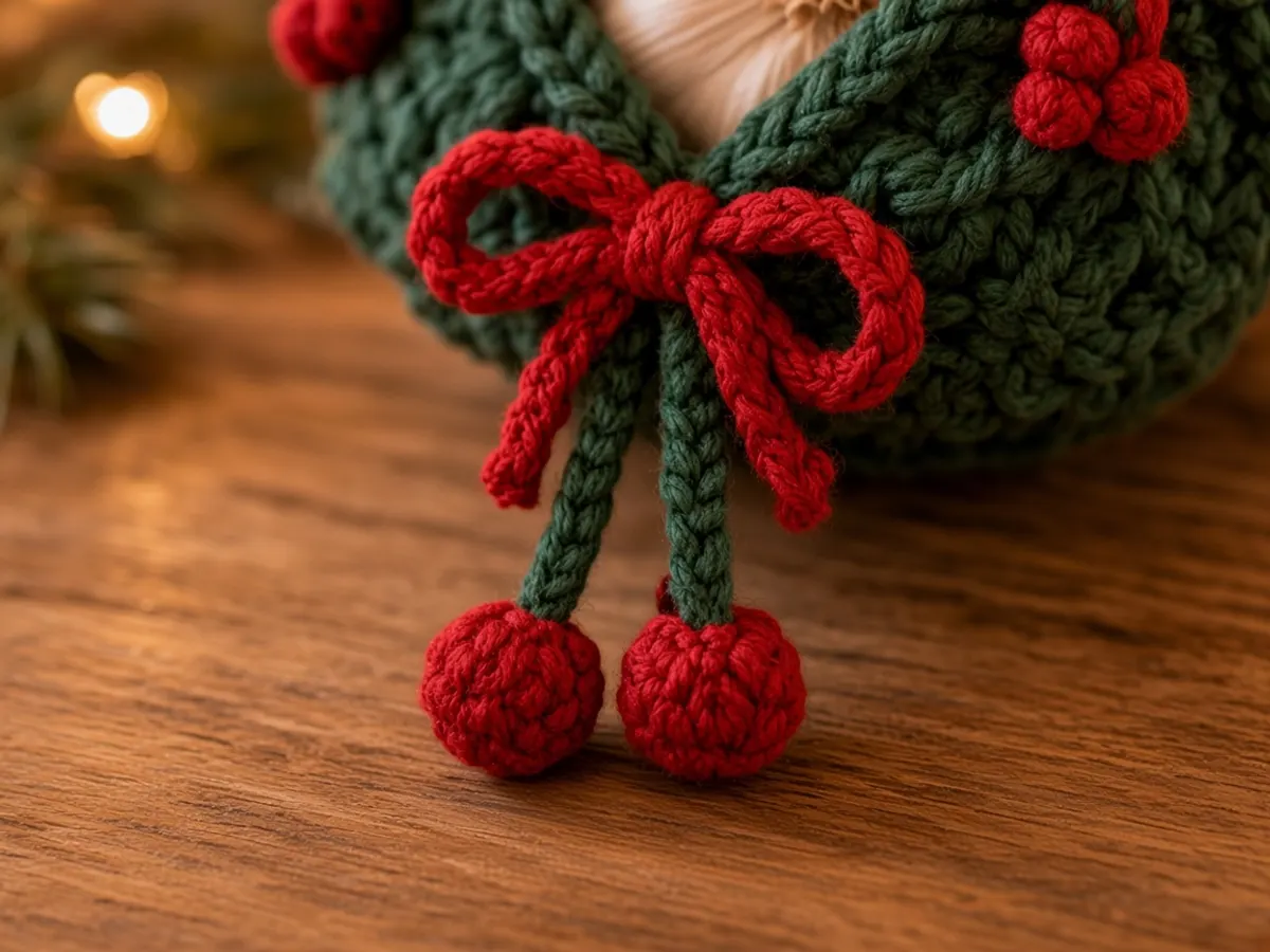 Small red crochet berries and a red yarn bow beside green mesh.