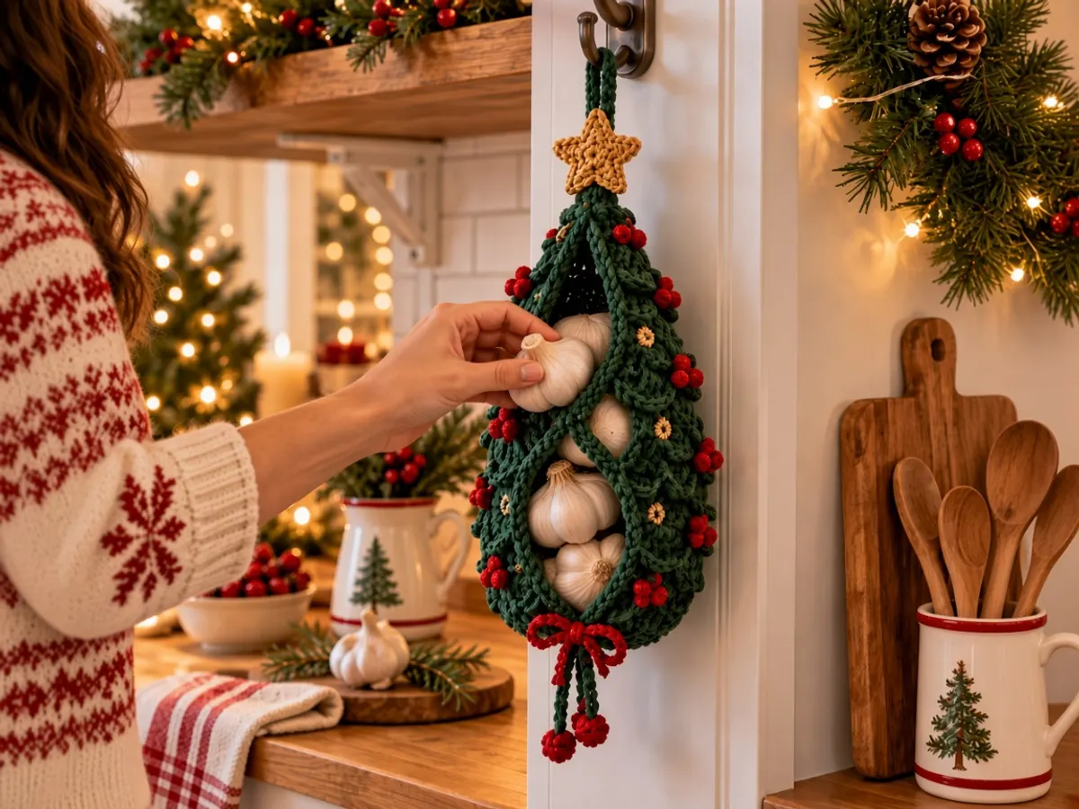 A hand placing a whole garlic bulb into the front opening of the green crochet tree.